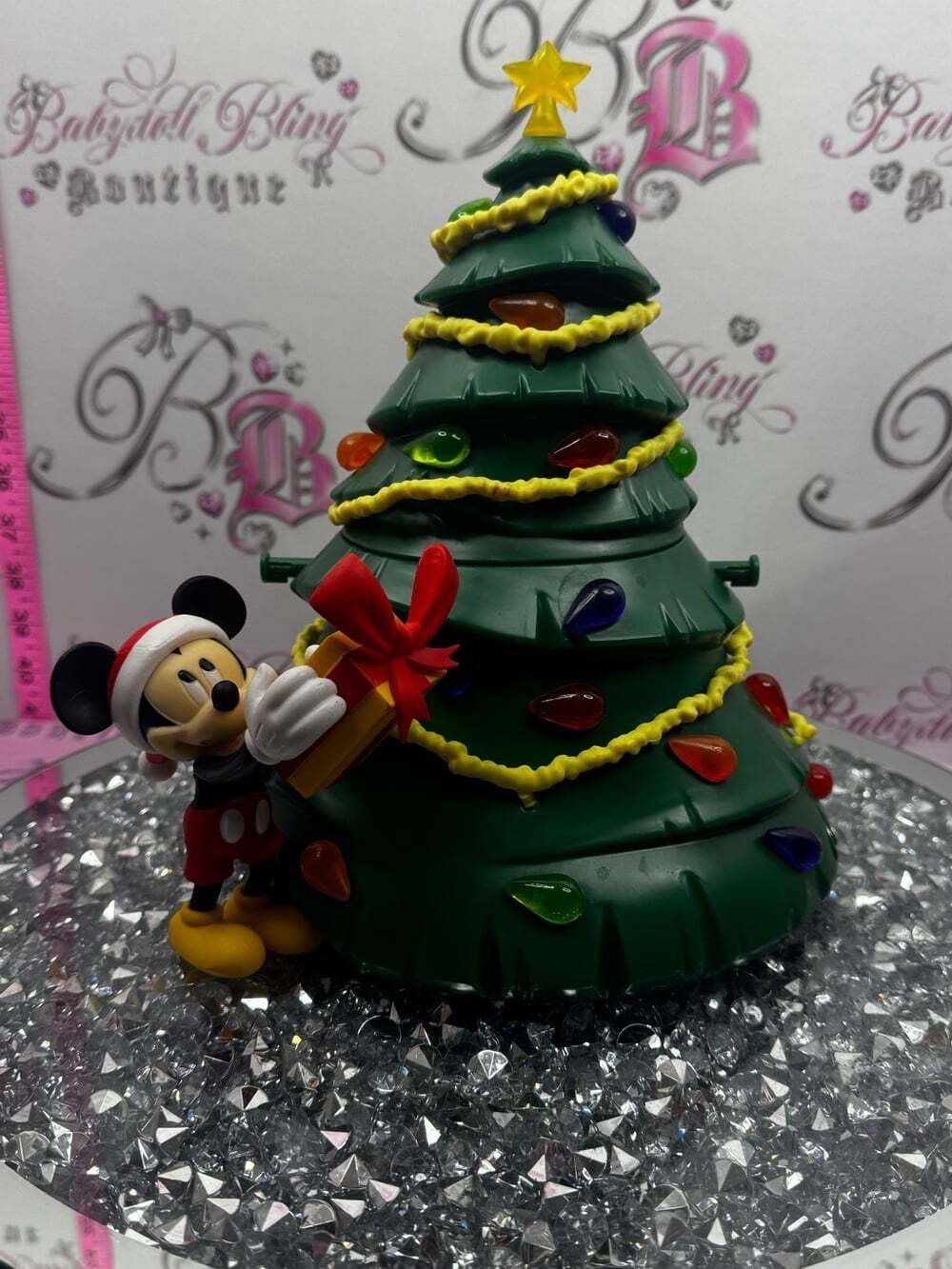 Disney popcorn bucket tree Mickey Mouse Green Holiday Xmas Figurine light up